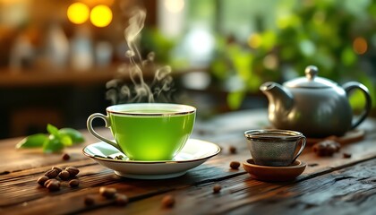 Enjoying Hot Green Tea with Steaming Cup on Wooden Table