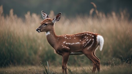 Naklejka premium Young deer gazing away with grassy backdrop