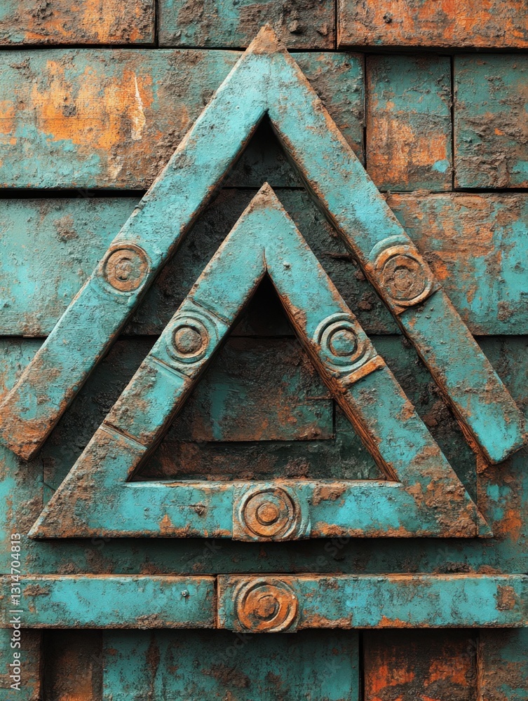 Poster rustic turquoise triangle pattern on weathered wood surface with distressed texture and circle accen
