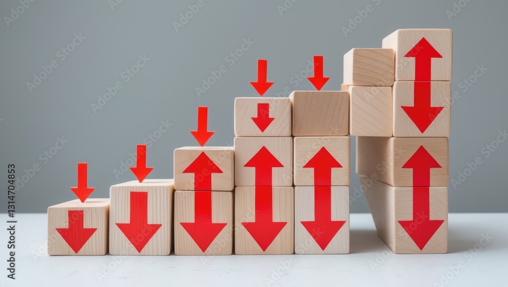 Poster ladder constructed from wooden blocks featuring red arrows pointing down, viewed from the side.