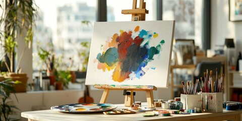 A vibrant art studio filled with creative energy. An easel stands tall showcasing a colorful painting. The scene is bright and inviting, perfect for artists and inspiration seekers. AI