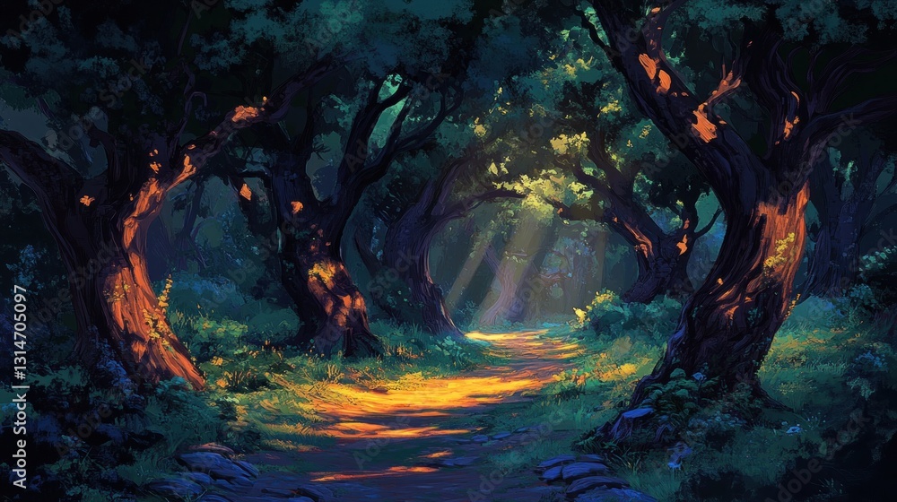 Poster a serene forest path illuminated by soft light, inviting exploration and tranquility.