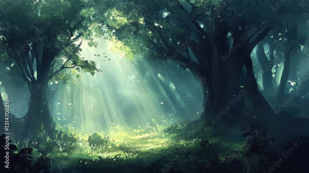 Poster a serene forest scene with soft light filtering through trees, creating a tranquil atmosphere.