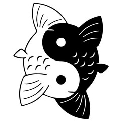 Yin-Yang symbol stylized as two fish, one black with a white eye and the other white with a black eye, forming a circle with their bodies, tails, balance, duality, harmony between opposites.
