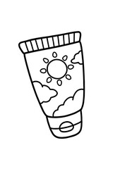 sunscreen: contour image of a tube with sun and cloud illustrations on it, representing protection from ultraviolet rays.