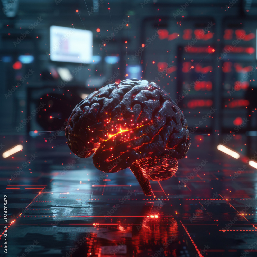 Poster futuristic glowing fractal human brain in cyberspace with geometric patterns and flowing data