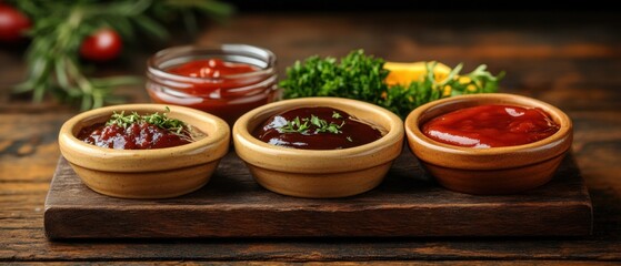 Assortment of savory sauces in ceramic bowls on rustic wooden board culinary delights and gourmet condiments for barbecue