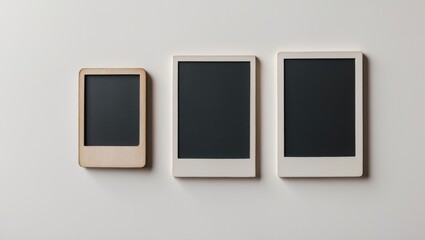 Set of photo frames. Vintage empty photo frames displayed on a white wall. Pictures on the wall, retro memory collection. Blank white square old card for capturing memories. Art, gallery template.