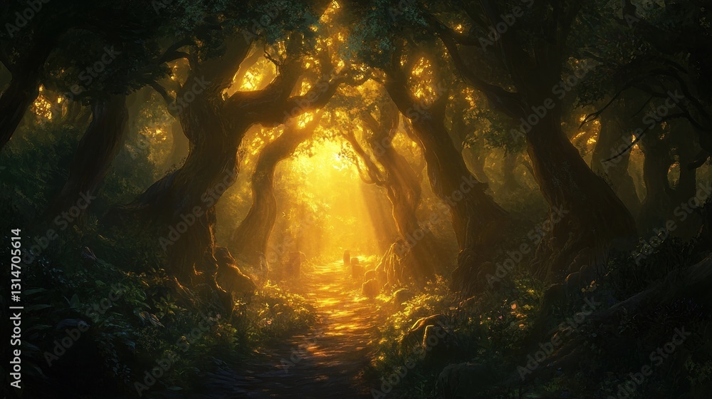 Poster a mystical forest scene illuminated by golden sunlight filtering through dense trees.
