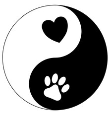 Love for pets symbolized by the yin-yang concept, with a heart and paw print, balance of compassion, animal rescue, care for pets in need, reflecting harmony between humans and animals.