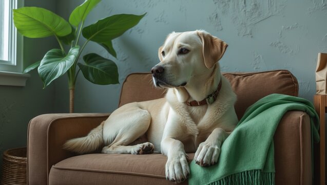 Contemplative dog on a couch, home atmosphere. A thoughtful Labrador lounges on a sofa, looking out of a window in a bright living area.