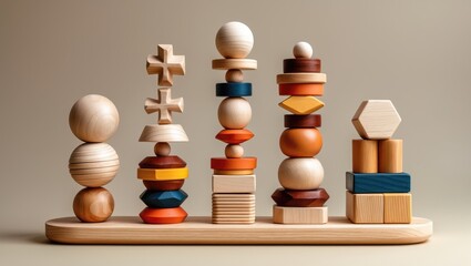 Children's wooden toys. Sequencing blocks as a learning resource for teaching shapes, developing fine motor skills, enhancing hand-eye coordination, and improving mathematical skills. Natural wood ...