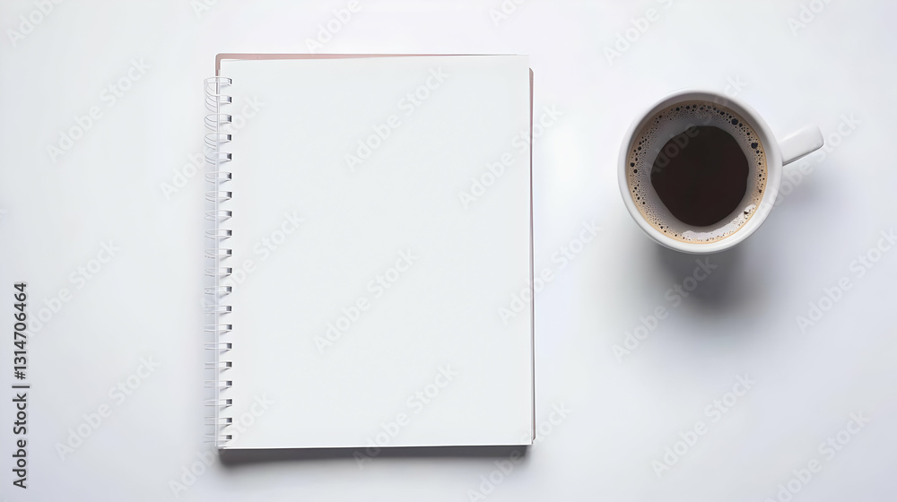 Poster top view of a blank spiral bound notebook with a cup of coffee on a white desk providing ample copy 