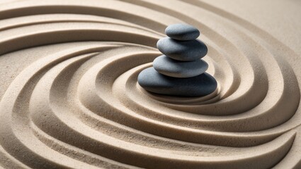 Zen Stones on Sand with Lines - Spa Therapy - Concept of Purity, Harmony, and Balance