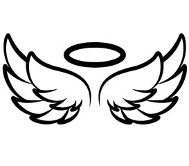 Minimalist angel wings outline with symmetrical curved design and halo floating above, simple divine concept representing peace, balance, and spirituality in abstract form.

