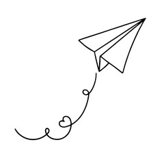 Paper airplane soaring through sky with looping trailing line forming heart shape, minimalist design concept symbolizing flight, love, and freedom in motion.

