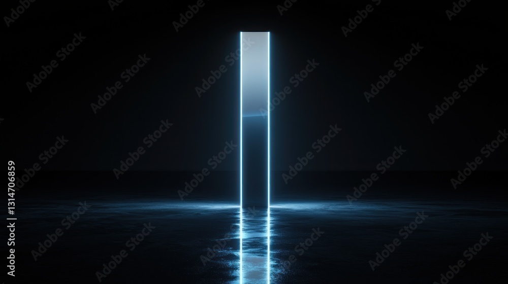 Poster a glowing rectangular monolith in a dark environment, reflecting light on the surface.