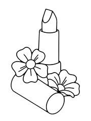 Open lipstick tube with two beautiful flowers placed next to it, representing beauty, femininity, and elegance, with a soft and delicate contrast of cosmetic style and floral aesthetics.