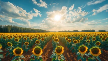 Obraz premium Panoramic view of a stunning sunflower field under the sun