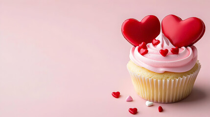 Single Vanilla Cupcake Decorated With Pink Buttercream And Red Heart Sprinkles On A Solid Pink Background With Two Red Icing Hearts For Valentine's