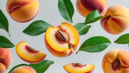 Levitating peach in isolation. Arrangement of peaches, peach halves, and slices alongside green leaves.