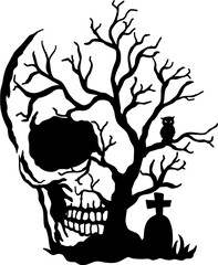 Halloween concept of a skull merged with a tree, where the branches form the shape of the skull, with an owl perched on one branch and a gravestone near the tree.