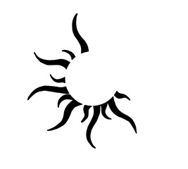 Black silhouette of the sun with curved rays resembling flames, with different lengths and shapes of rays, symbolizing heat, energy, and vitality.