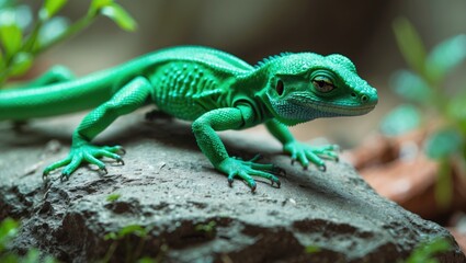 Fototapeta premium Juvenile green lizard resting on a rock; a type of lizard in the family captured in a stunning macro photograph.