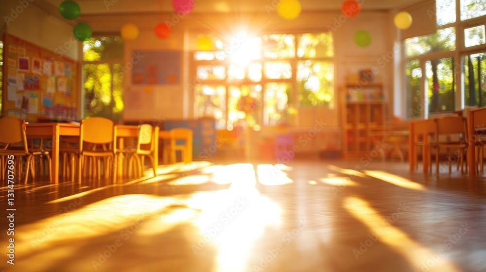 Poster a sunlit classroom with empty chairs and colorful decorations, creating a warm learning atmosphere.