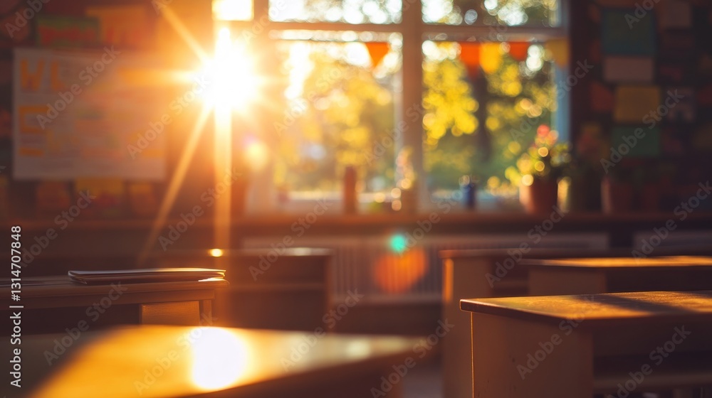 Poster a sunlit classroom with empty desks, creating a warm and inviting learning atmosphere.