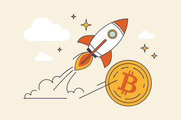 Bitcoin price skyrocket hit record high, cryptocurrency investor got rich with growth high value trading concept, speedy rocket ship holding bitcoin physical coin flying high through space cloud.