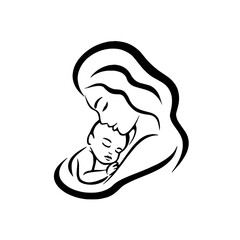 Motherhood. silhouette of a mother gently hugging and kissing her baby, smooth lines creating an image of love, care, and maternal affection.