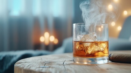 A glass of whiskey with ice sits on a wooden table, surrounded by soft lighting and smoke, radiating a soothing and tranquil vibe perfect for unwinding.