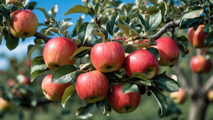 Ripe Red Apples on Tree Branch - Fresh Organic Fruit Collection Beneath Sunny Blue Sky