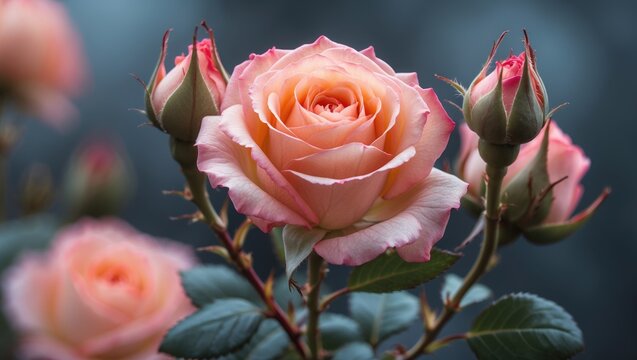 Rose budding flowerhead in apricot pink, photographed in detailed macro.
