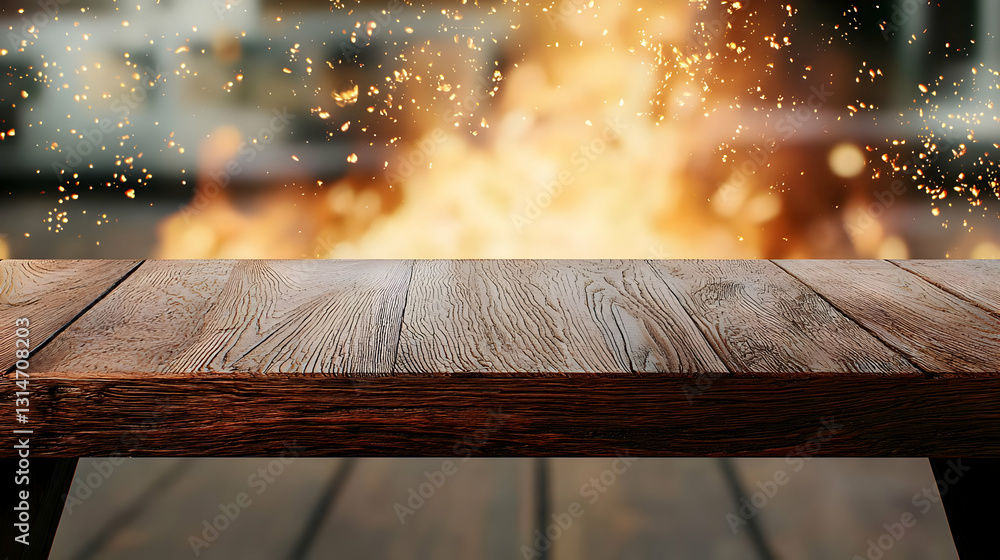 Poster empty rustic wooden table top with blurred bonfire flames sparks and bokeh background for display or
