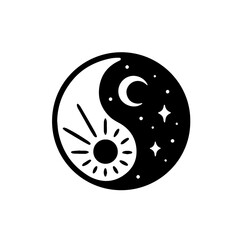 Yin-Yang symbol split into day and night, with sun and moon elements.