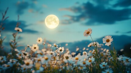 Obraz premium Full moon glowing brightly in the night sky, with a field of wildflowers in the foreground