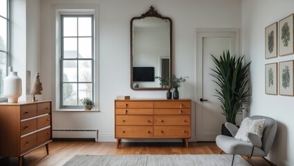 Interior of modern living room featuring a dresser and a vintage mirror on the wall.