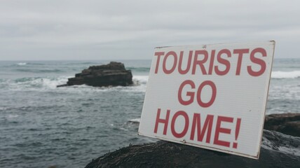 "Tourists Go Home! Sign on Rock by Ocean with Crashing Waves and Overcast Sky"