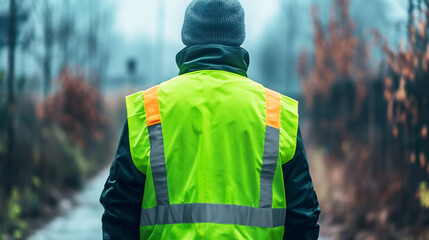 Surveyor walking along a road wearing a safety vest and warm clothing on a cold, foggy day