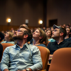 Obraz premium Audience engaged during a presentation in a theater.