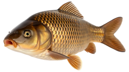 SIngle whole carp fish. The fish showcasing its sleek, curved body, shimmering golden-brown scales, detailed fins, and natural textures isolated on white background. PNG file