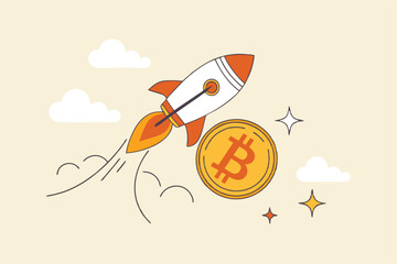 Bitcoin price skyrocket hit record high, cryptocurrency investor got rich with growth high value trading concept, speedy rocket ship holding bitcoin physical coin flying high through space cloud.