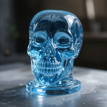 Escultura de una muela transparente de cristal azul, concepto de belleza dental, y dentista.
