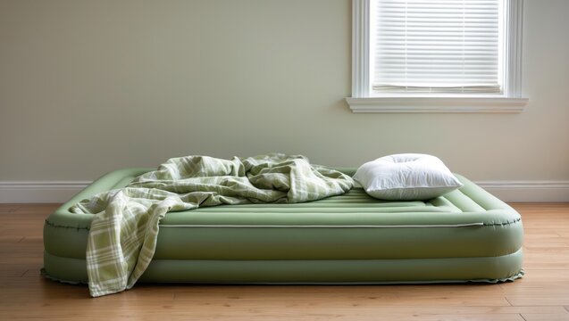 Comfortable, soft inflatable air mattress bed with pillow and sleeping bag in a tidy bedroom featuring clean walls, a window, and wooden flooring.