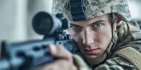 Fototapeta premium A focused soldier aims a sniper rifle in a tactical environment. The image captures intensity and precision. Perfect for military themes and action projects. AI