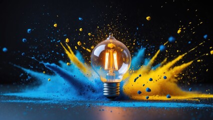 Light bulb bursting with colorful powder against a background.