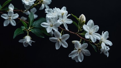 Fototapeta premium Jasmine branch set against a black background. Fragrant flower. Gloomy beauty.