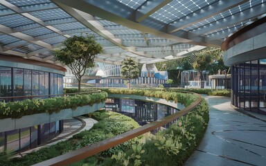 futuristic eco-city with lush greenery, Lush indoor mall with solar panels